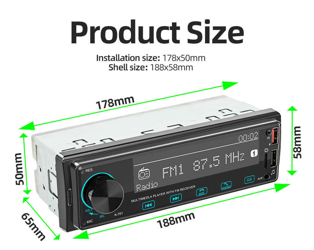 Single DIN Car Stereo Radio 2.5D Screen Multimedia Player Audio BT/FM/AUX Input