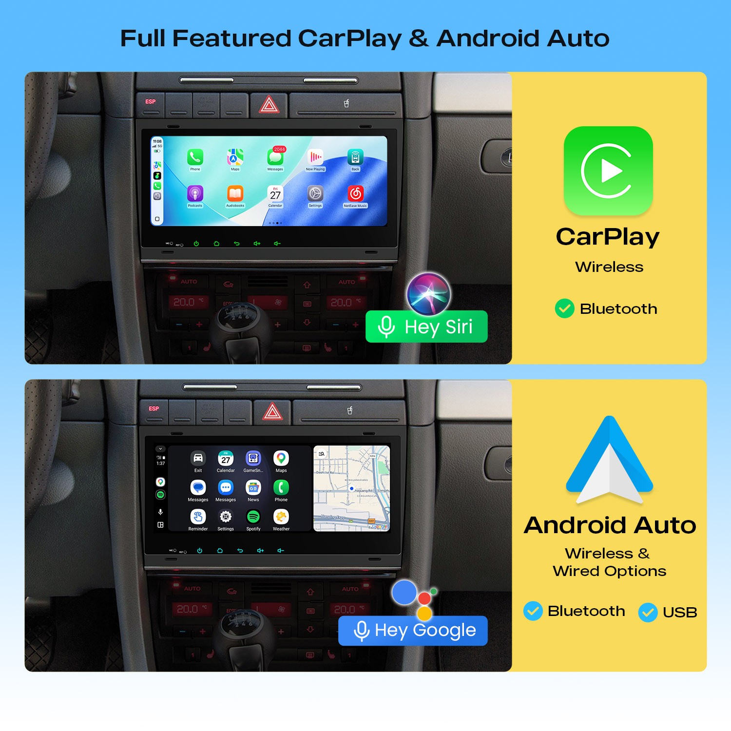 Android 14 Car GPS for Audi A4 S4 RS4 8 Core 4GB 64GB Wireless CarPlay DSP WiFi