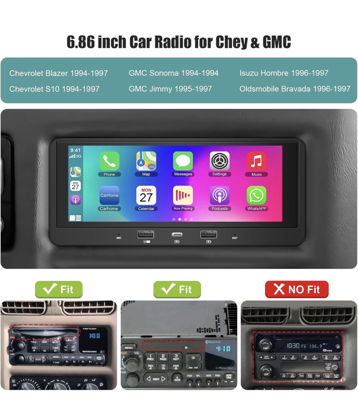 Single Din Car Stereo with Apple Carplay Android Auto,6.8 Inch IPS Touch 5G