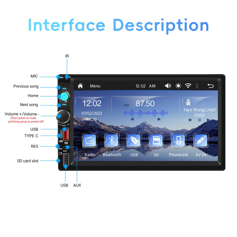 Double 2 Din 7″ Apple Carplay Android Auto Car Stereo Radio Bluetooth Type-C USB