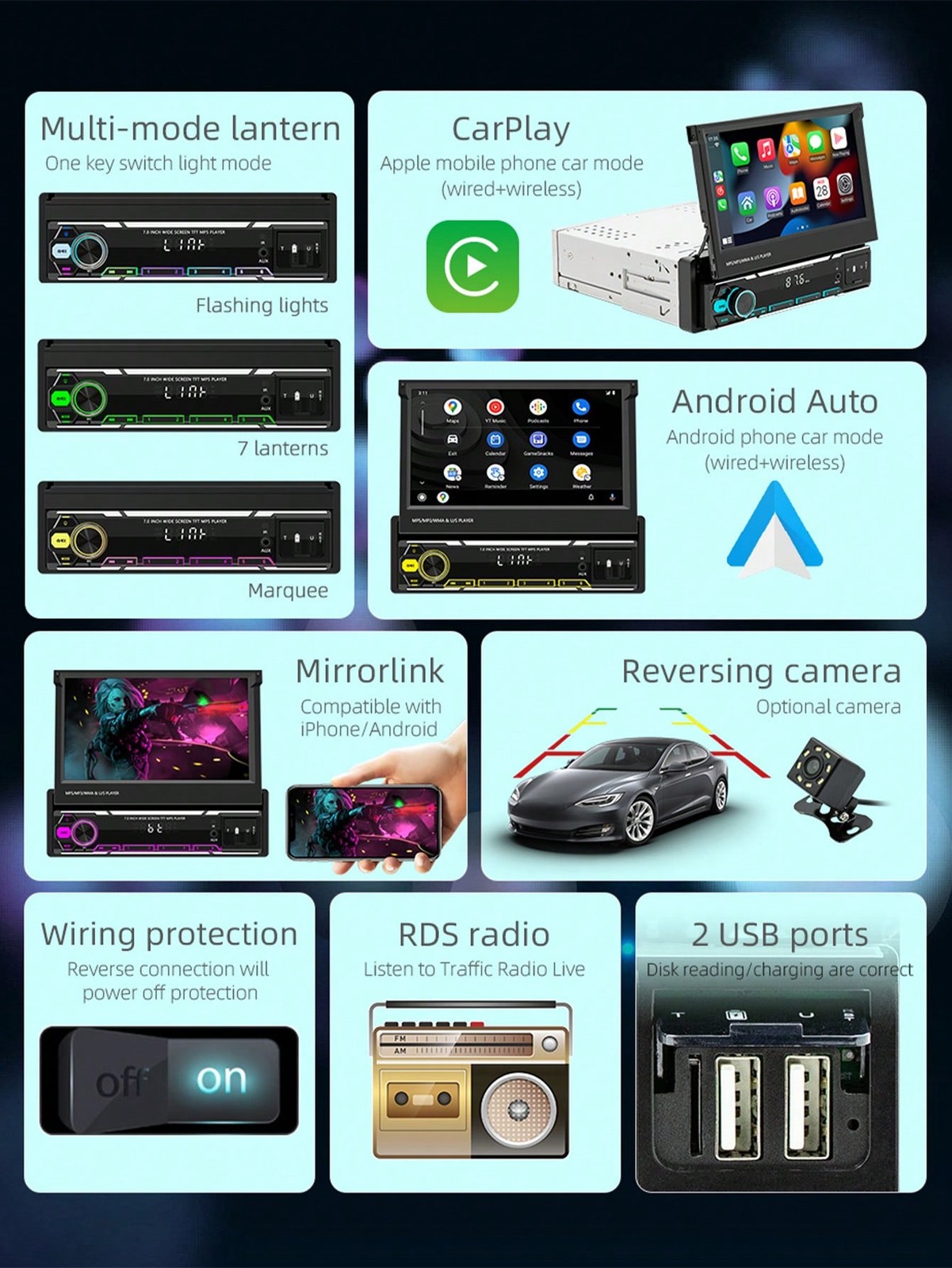 7″ HD Touch Single DIN Car MP5 Player CarPlay Android Auto FM USB AUX SD ISO