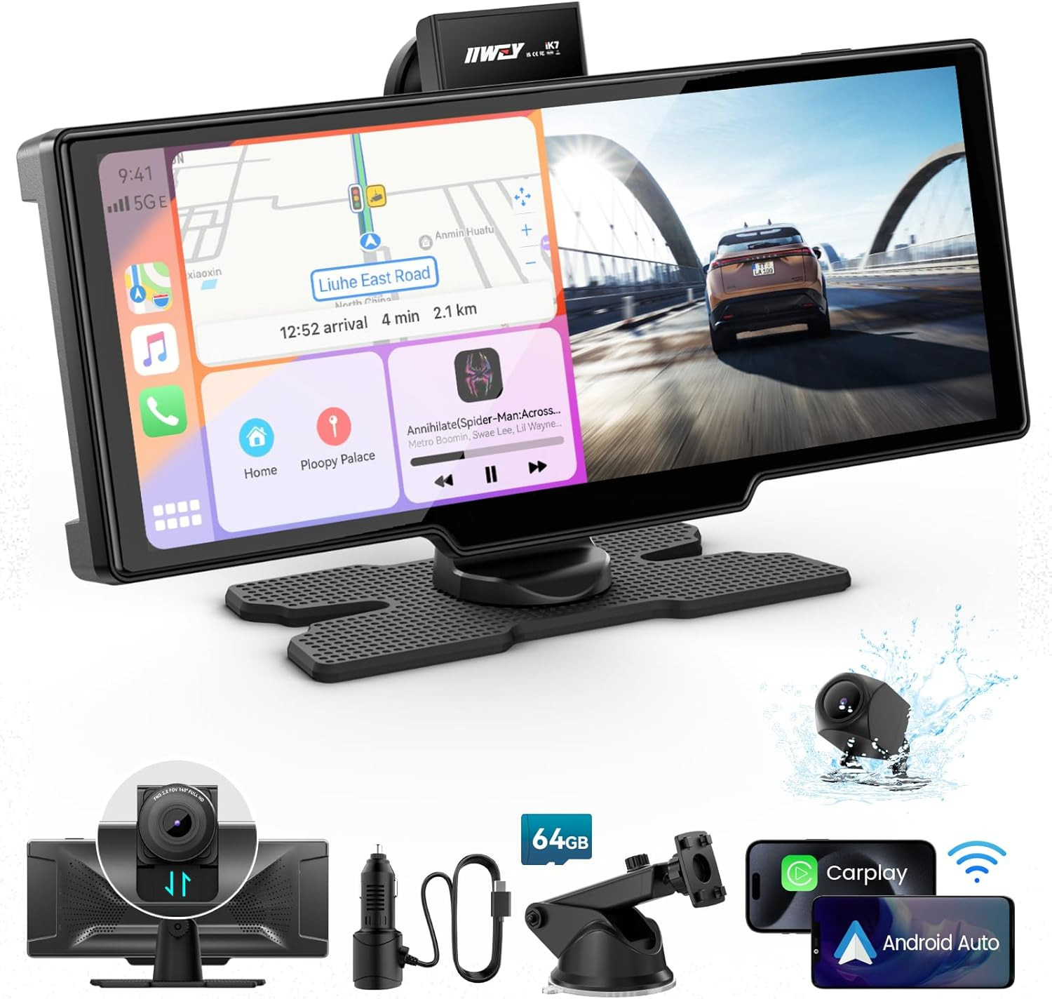 Portable Apple Carplay Screen, 10’’ Car Stereo Wireless Car Play & Android Auto