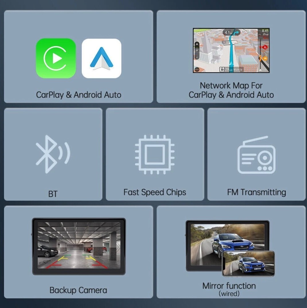 7” Portable Car Stereo Radio Wireless Apple CarPlay Android Auto Backup Camera