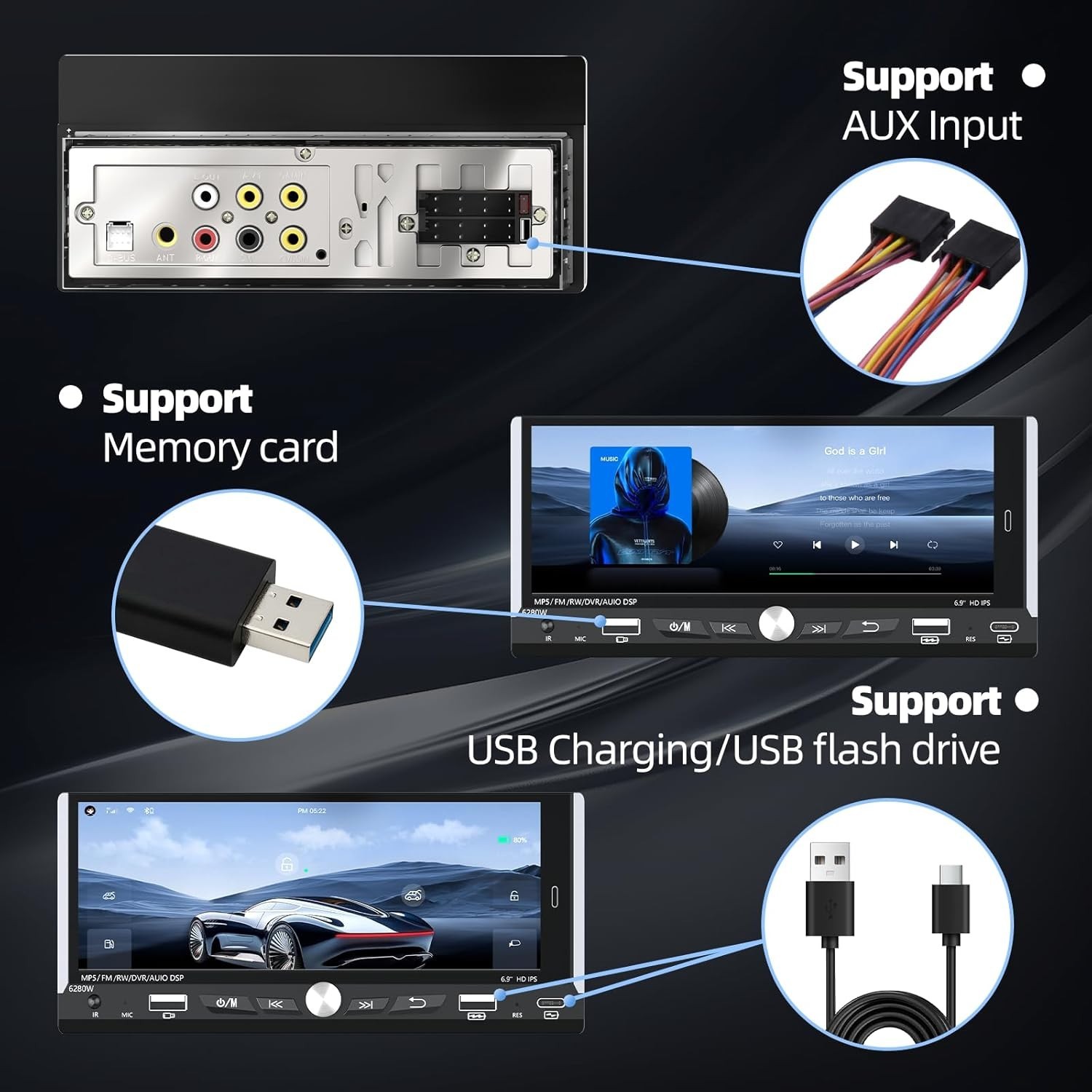 Single 1 DIN Car Radio GPS NAVI Carplay 6.9 Inch Stereo Player Android 15 2+64G