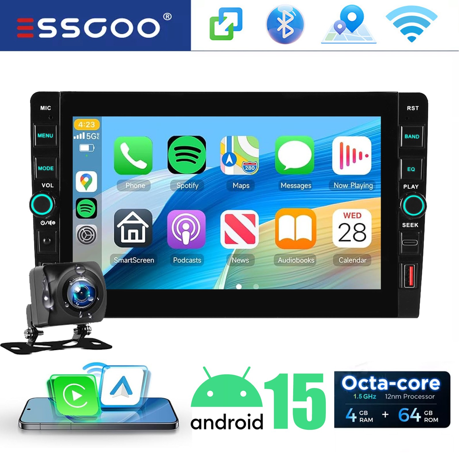 9″ 4+64G 2DIN QLED Car Stereo Radio Carplay Android 15 GPS SWC BT USB w/Camera