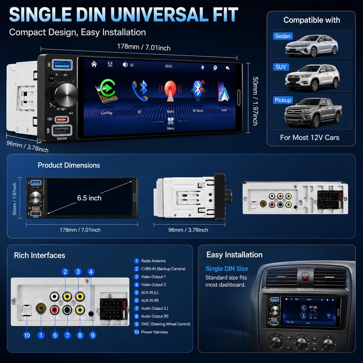6.5″ Single Din Car Stereo, Wireless Apple CarPlay Android Auto, Car Bluetoot…