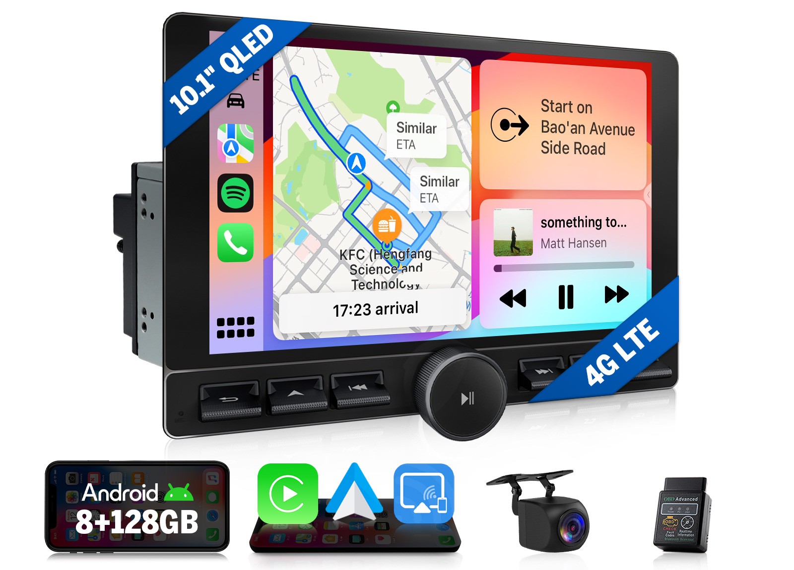 2 DIN 10.1″ QLED 8+128 Android Auto Car Stereo Radio CarPlay AUX Input RDS Radio