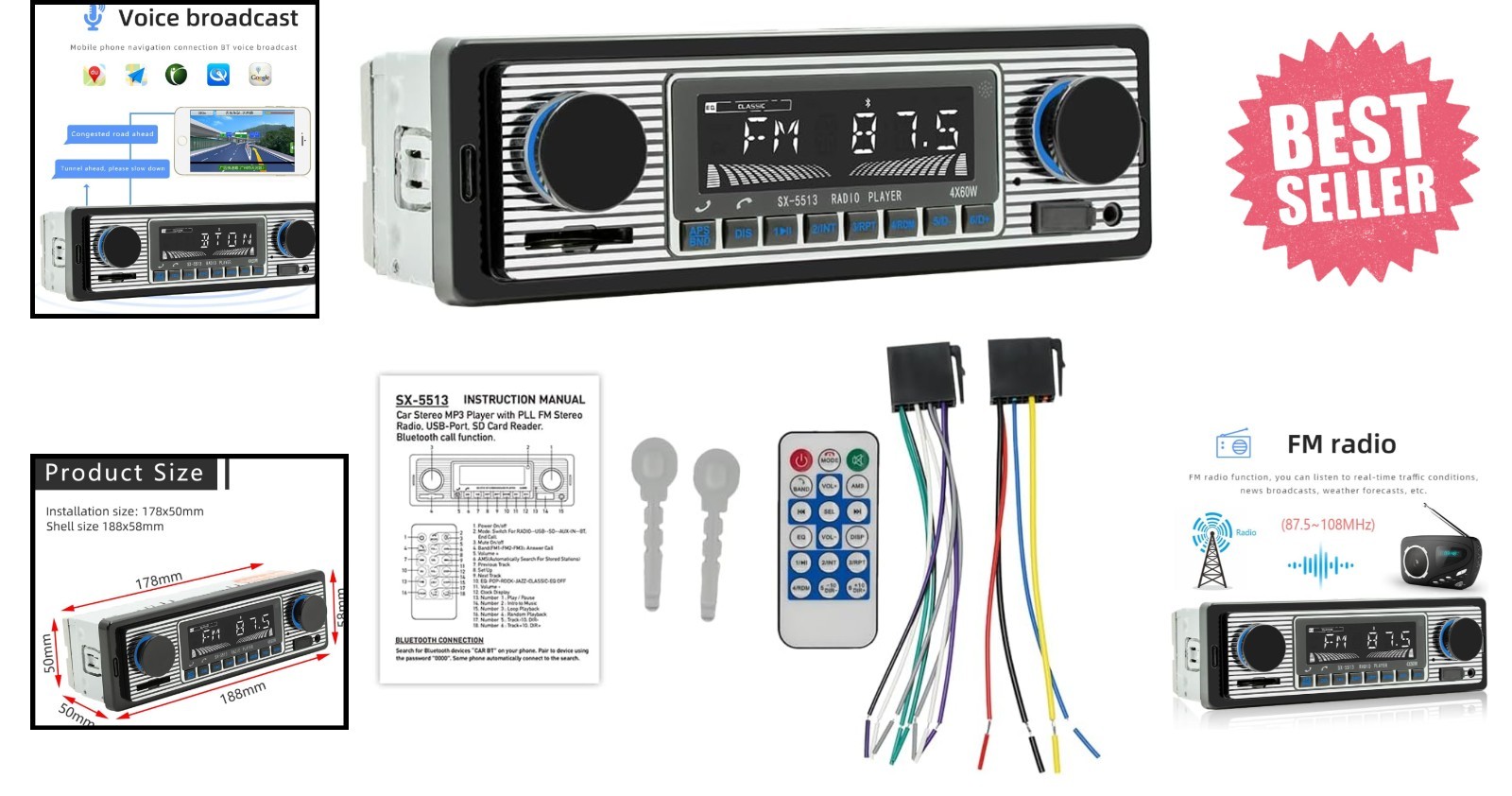 7-Inch Bluetooth Car Stereo Receiver with FM, USB, and Hands-Free Calling