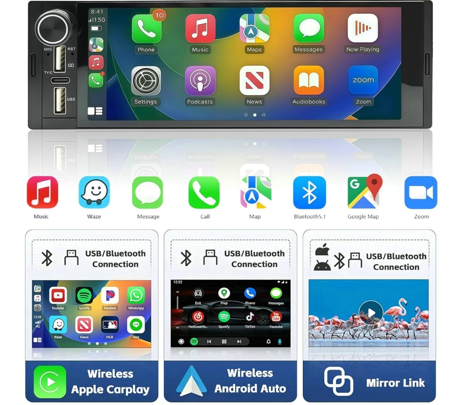 Single Din Car Stereo Wireless Apple Carplay 6.9 Touchscreen Bluetooth Radio Usb
