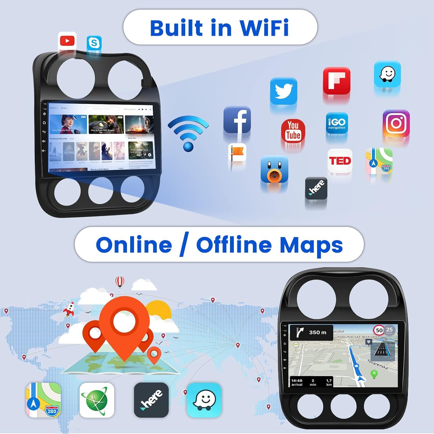 For Jeep Compass 2009-2016 Android12 Car Stereo Radio Navi WIFI Player 1280*800