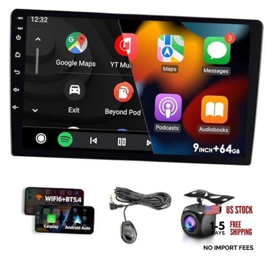9″ 64GB Wireless CarPlay Android Auto Car Stereo, Double Din HD Touch Screen