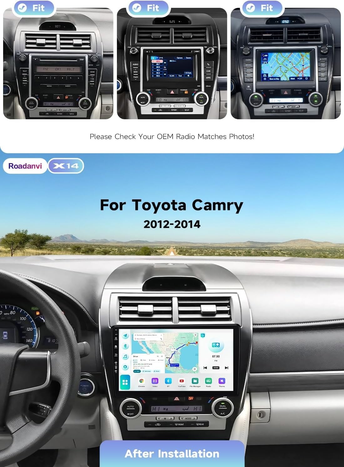 Roadanvi Android 14 10.2″ Car Stereo for Toyota Camry 2012-2014 Bluetooth 5.2