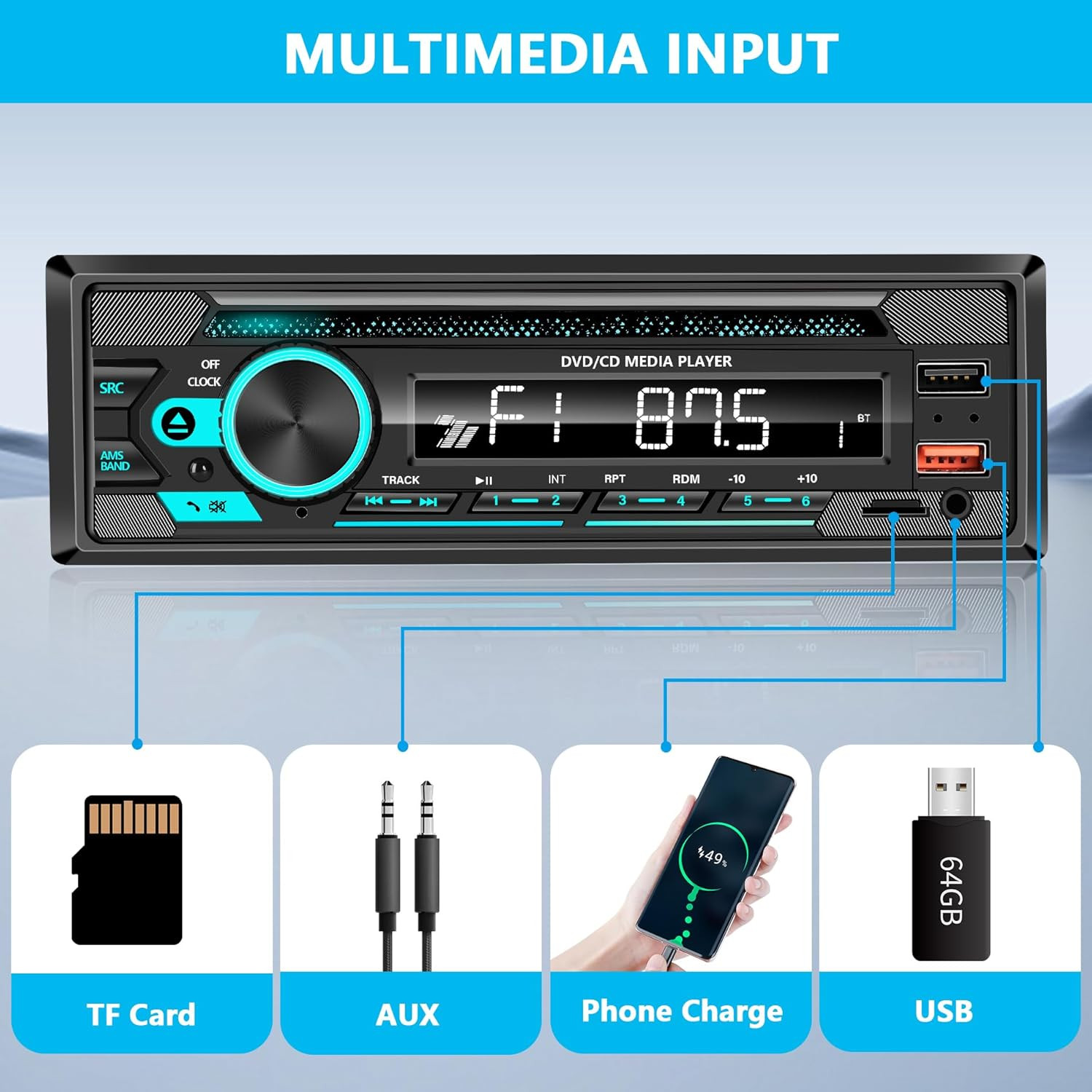 Single DIN CD/DVD Car Stereo with Bluetooth Hands-Free Calling, Push-to-Talk Ass