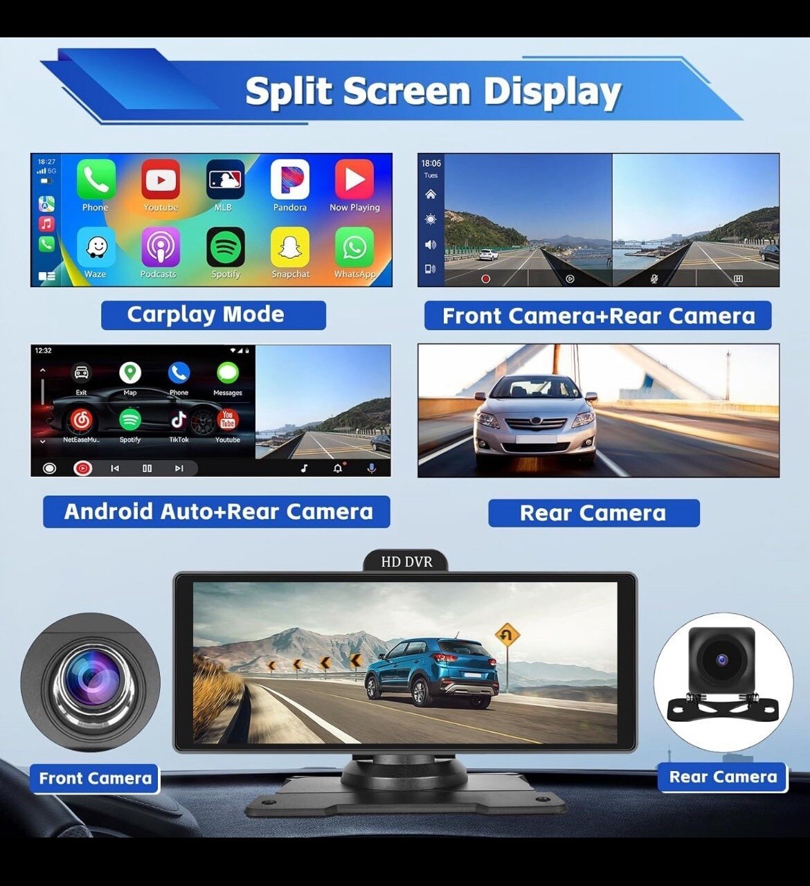 10.26 Inch Wireless Portable Car Stereo with 4K Dash Cam