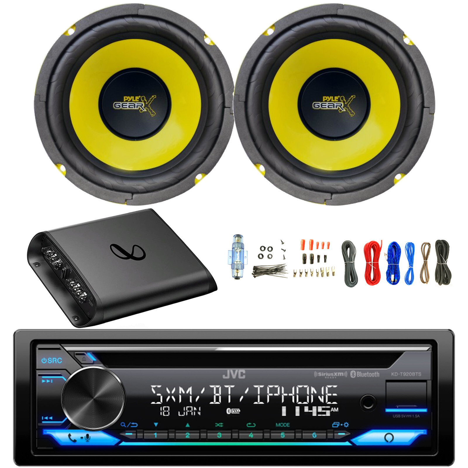 JVC Single DIN Bluetooth AM/FM CD Receiver, 2x 6.5” 300W Speakers, Amp w/Kit