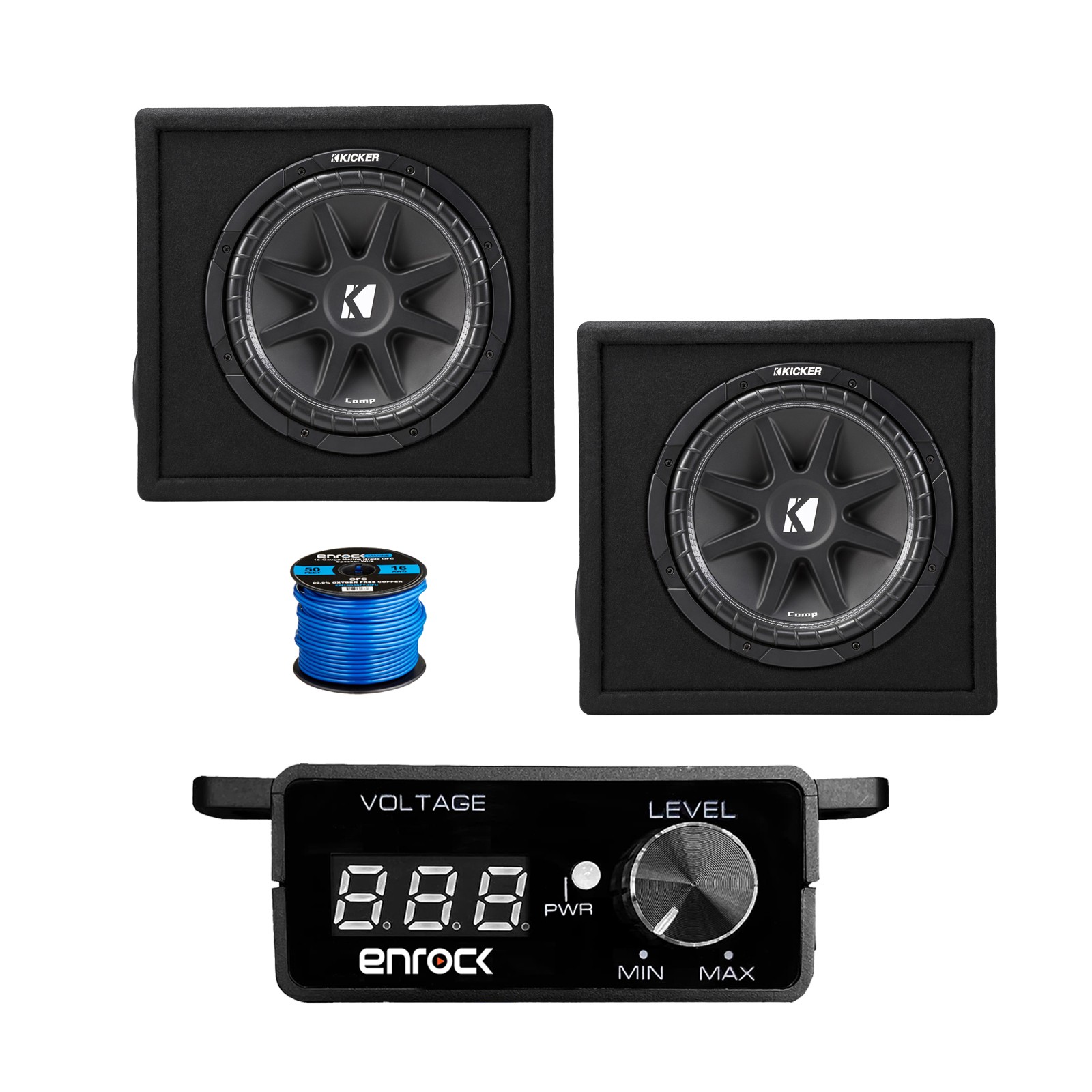 1 Pair (Qty 2) of Kicker 12″ 300 Watt Car Subwoofer Enclosure, Bass Knob w/ Wire