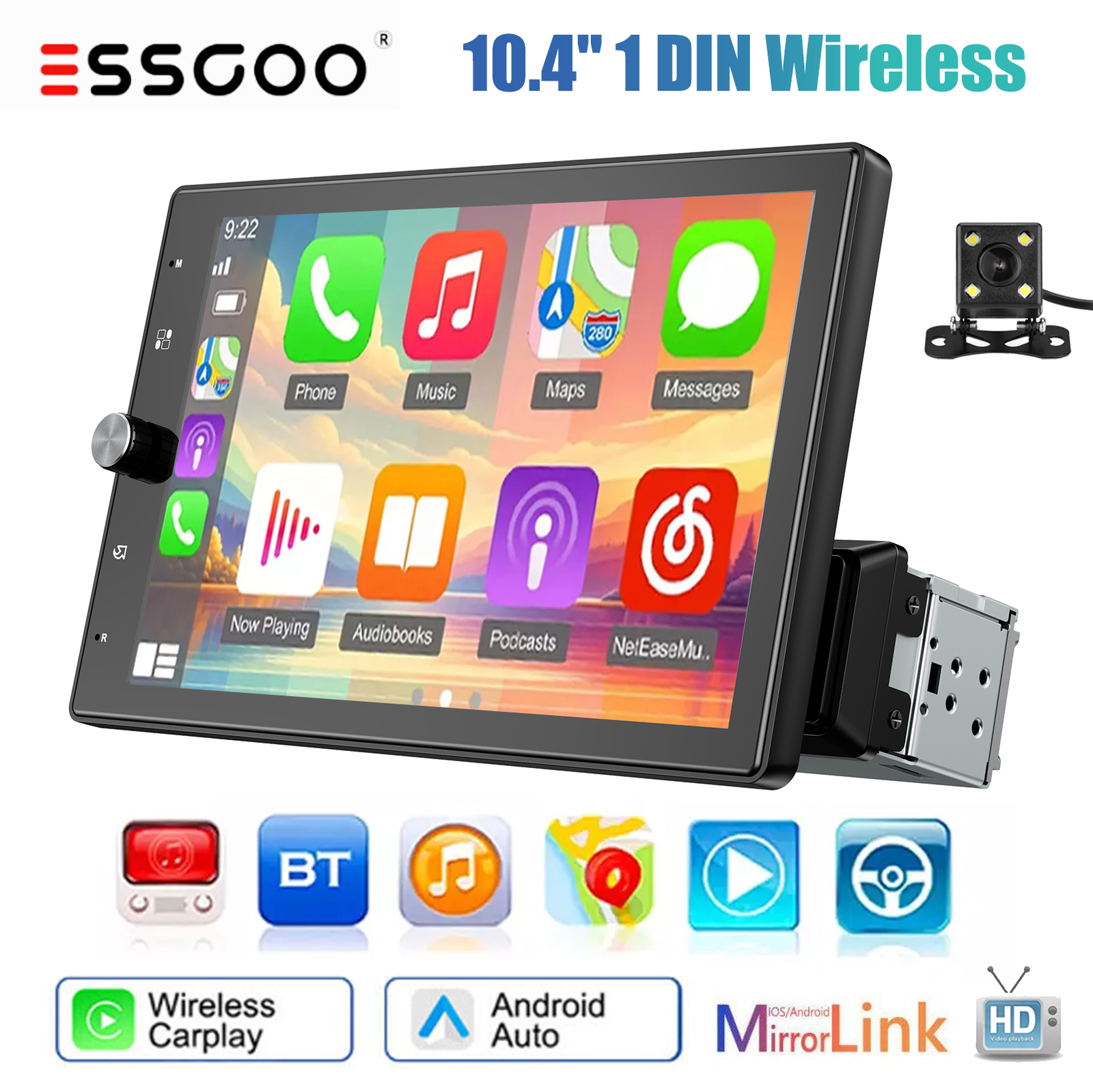 10.4″ 1DIN Car Stereo Wireless Apple CarPlay Android Auto Head Unit Radio+Camera