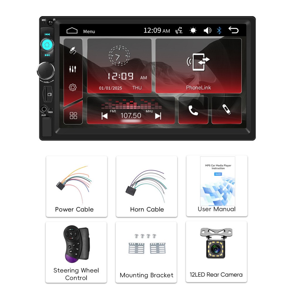 7” 2 DIN Double Car Stereo Radio MP5 Player Bluetooth Touch Screen SWC with Cam