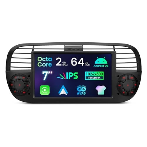 Android 14 Car Stereo for Fiat 500 (2007-2015), 7″ Touch 2+64GB New Black