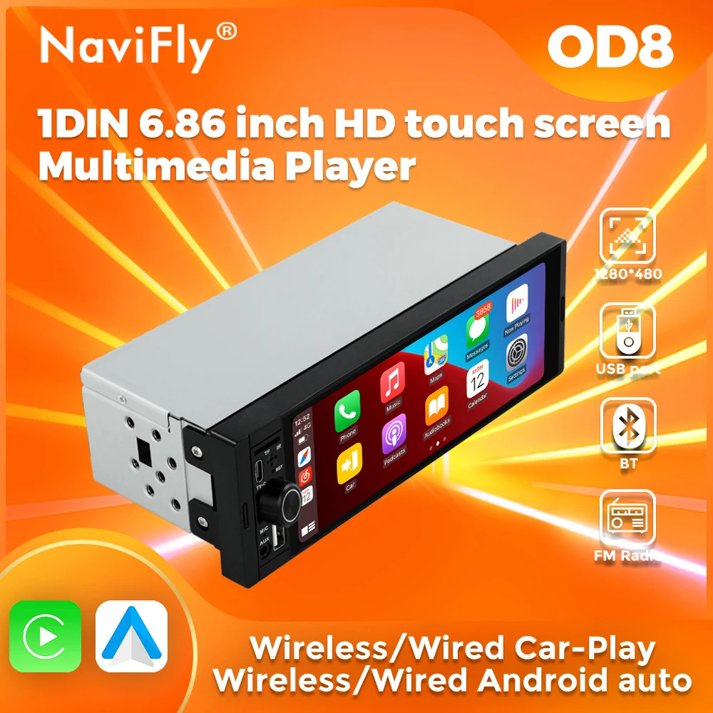 NaviFly 6.86″ 1 Din Car Stereo Wireless CarPlay Android Auto FM Radio BT