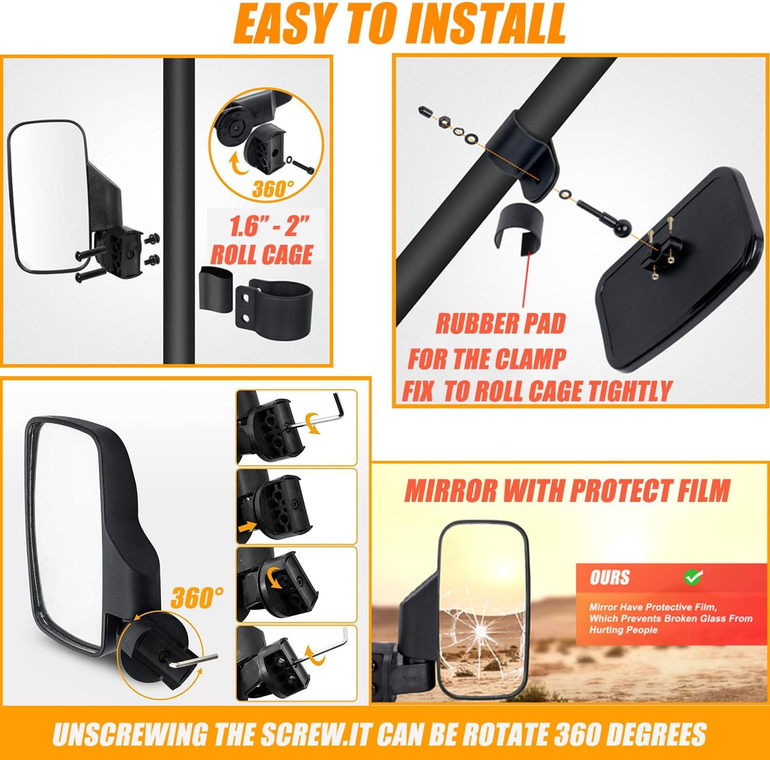 RANSOTO UTV Side Rear View Mirror and Center Mirror for 1.6″ to 2″ Bar Compatibl