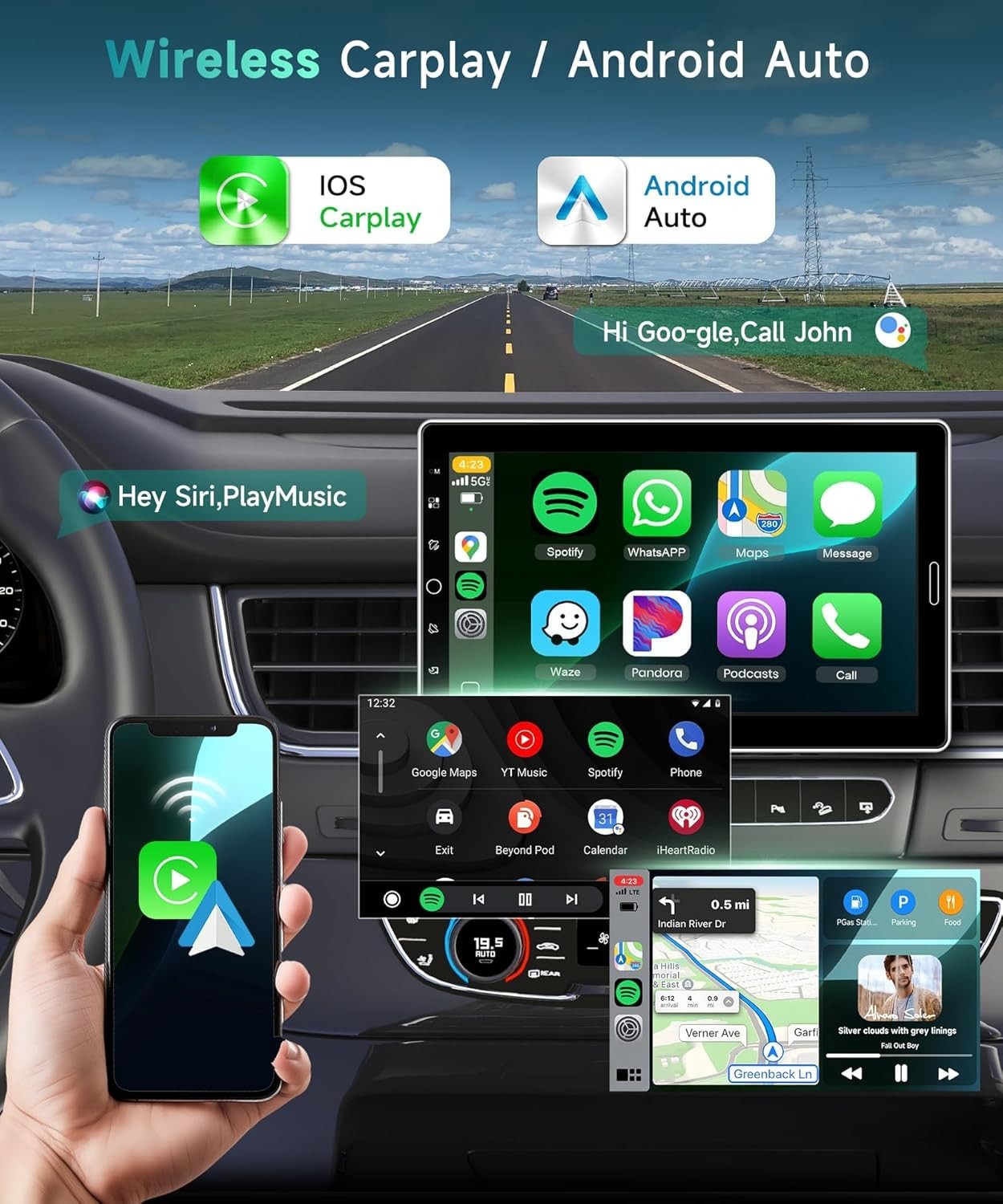 10.1 inch Single Din Car Stereo with FM/RDS Wireless Carplay Android Auto Bac…
