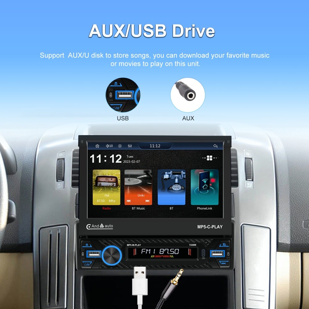 7″ Single 1DIN Car Stereo electric CarPlay Touch Screen USB MP5 Player Flip Out