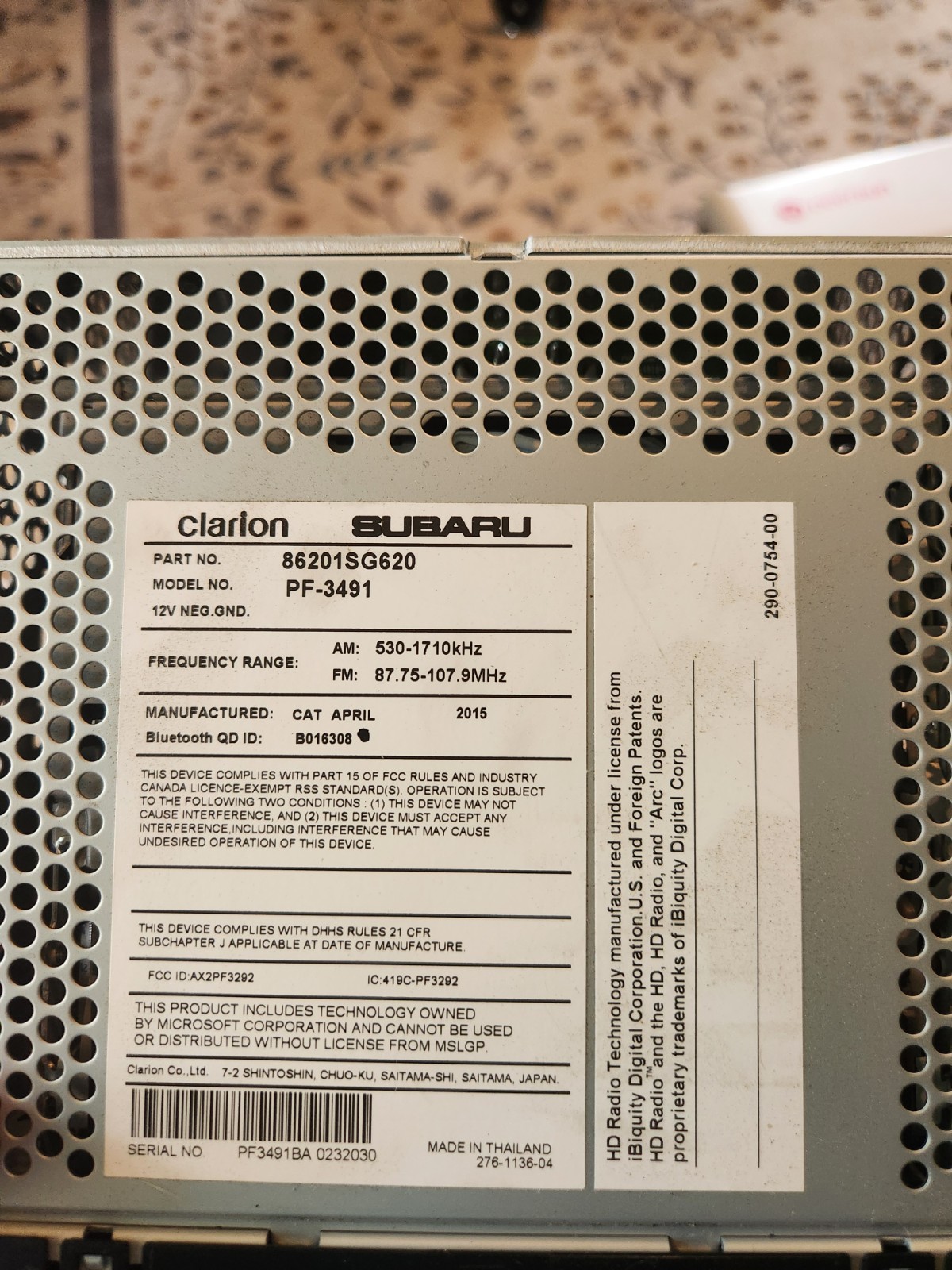Subaru Clarion Car Stereo In-Dash AM/FM CD Player PF-3491 from 2015 Forester