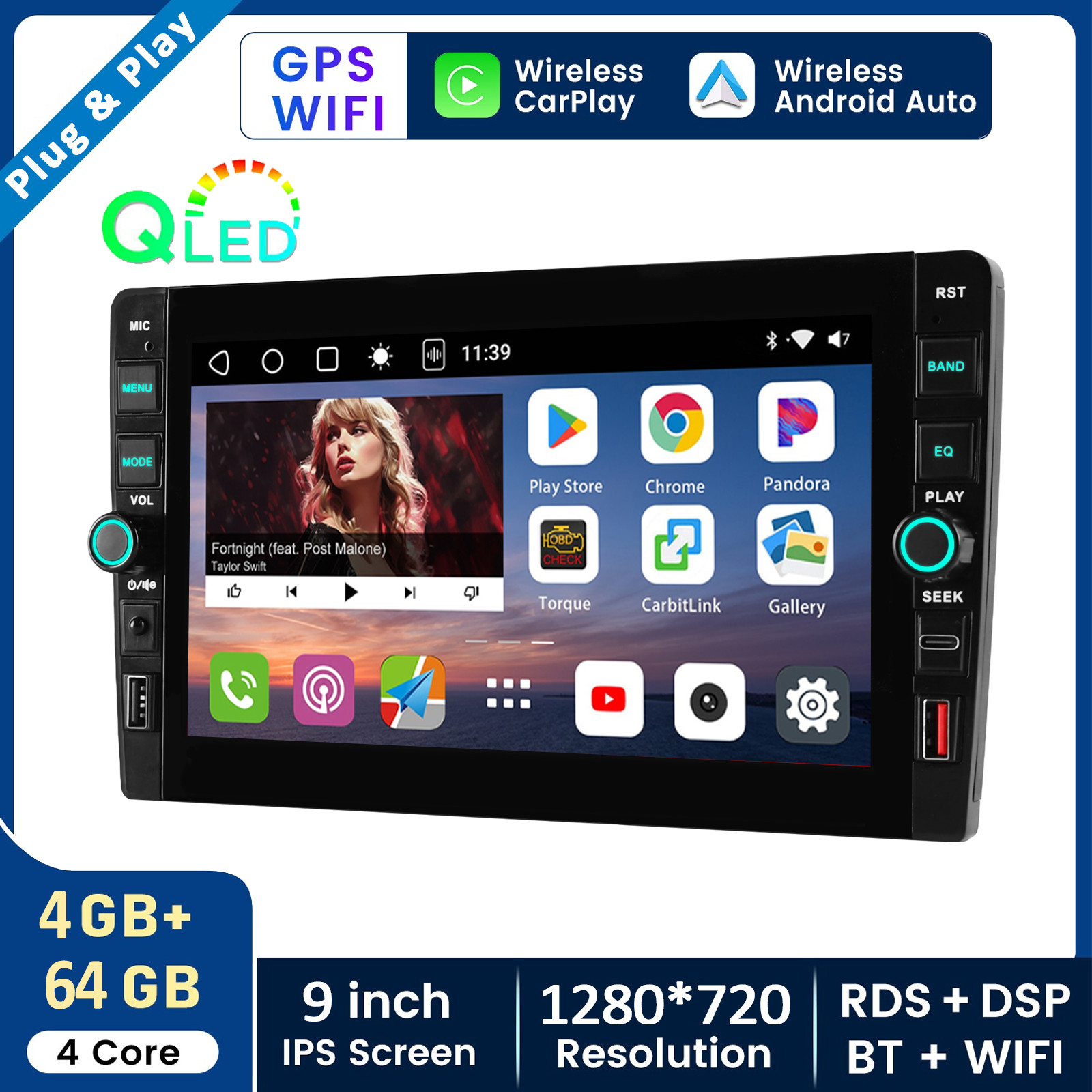 9” Double 2Din Android 15 Car Radio Stereo GPS WIFI Carplay Touch Screen 4+64GB