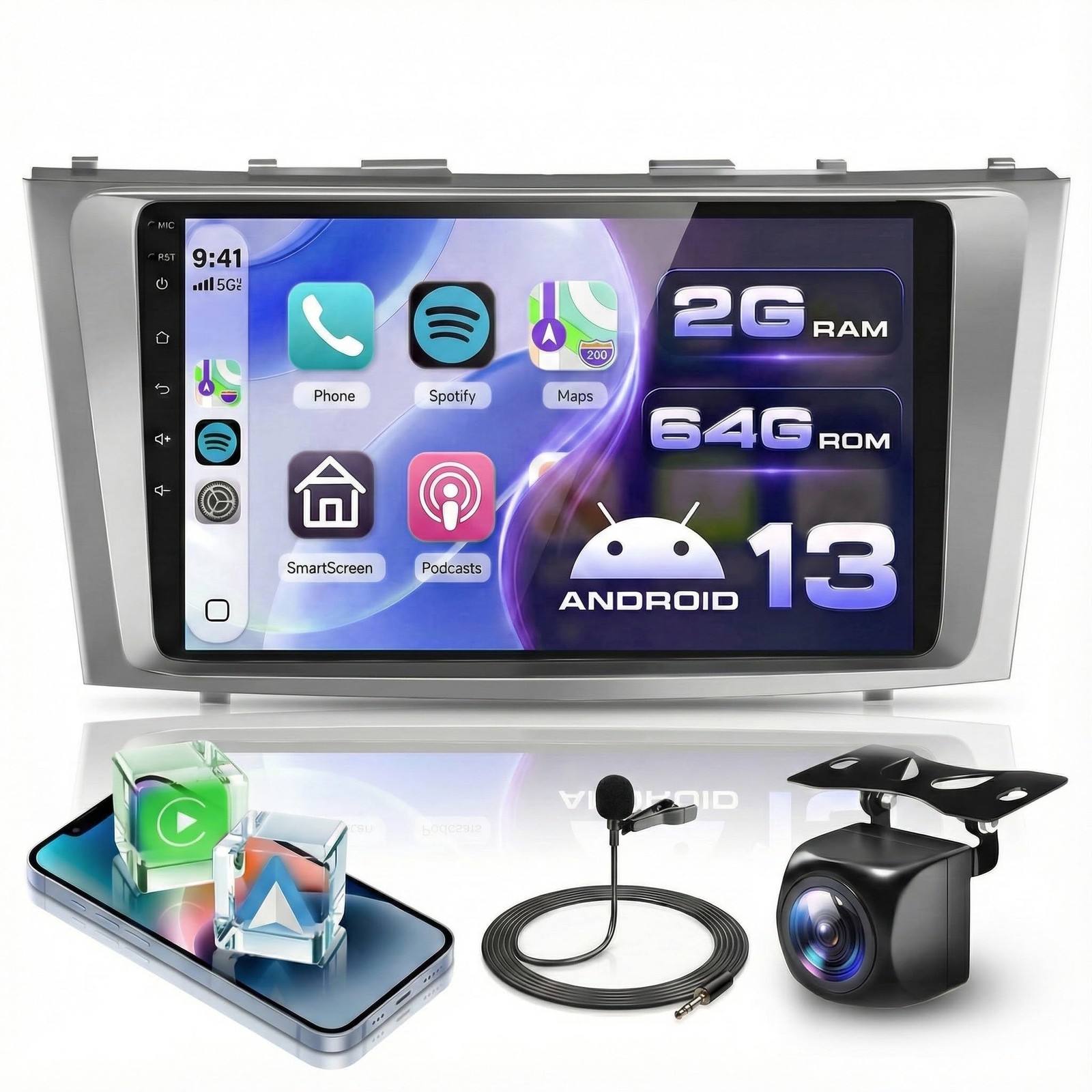 Podofo 2G+64G Car Radio 9 Inch for Toyota Camry 2006-2011 Android 13