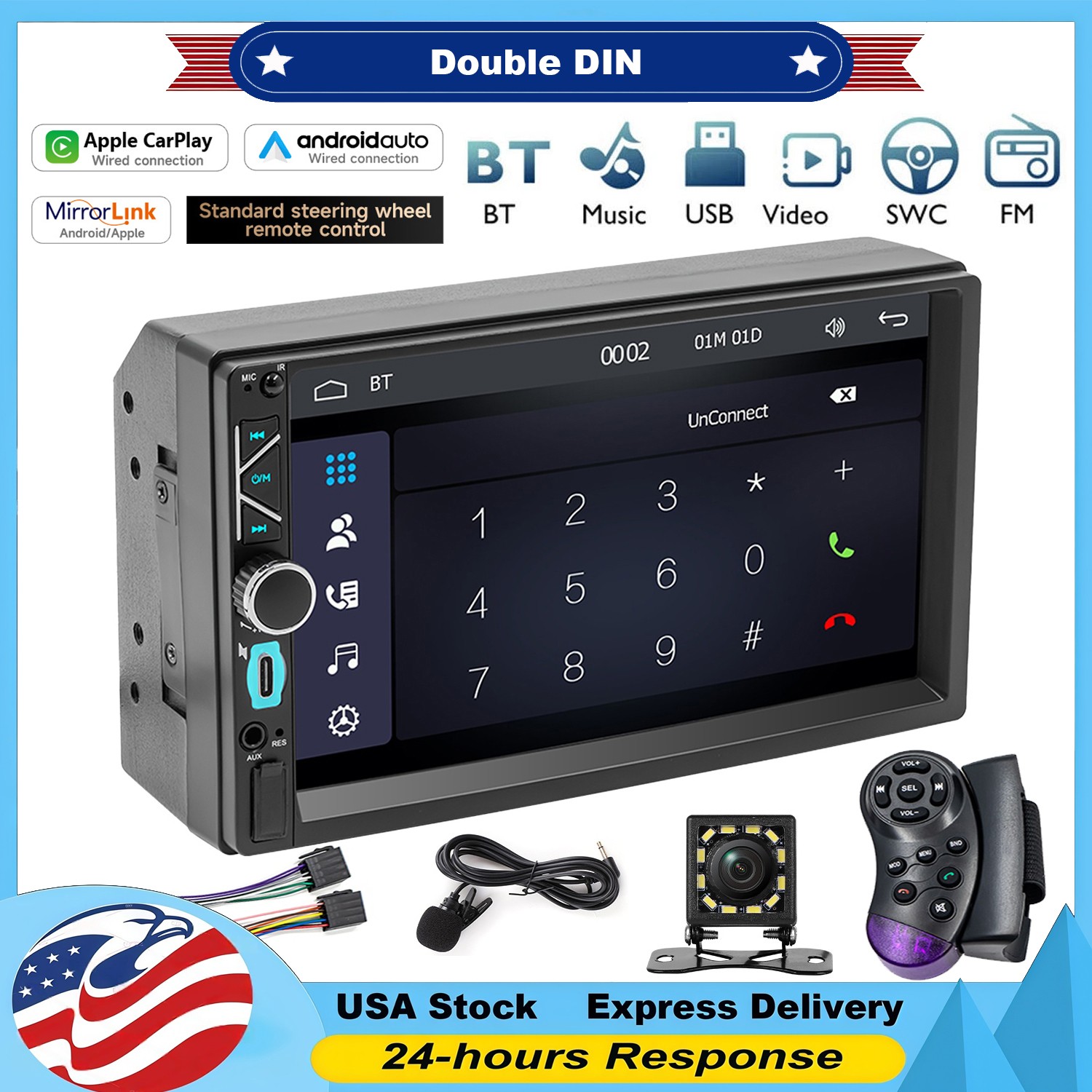 Double Din 7″ Touch Screen Stereo Bluetooth Radio Car Apple/Android Carplay GPS
