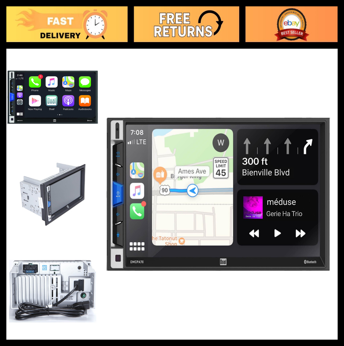 7-Inch Double-DIN Mechless Receiver – Bluetooth, Apple CarPlay, Android Auto – R