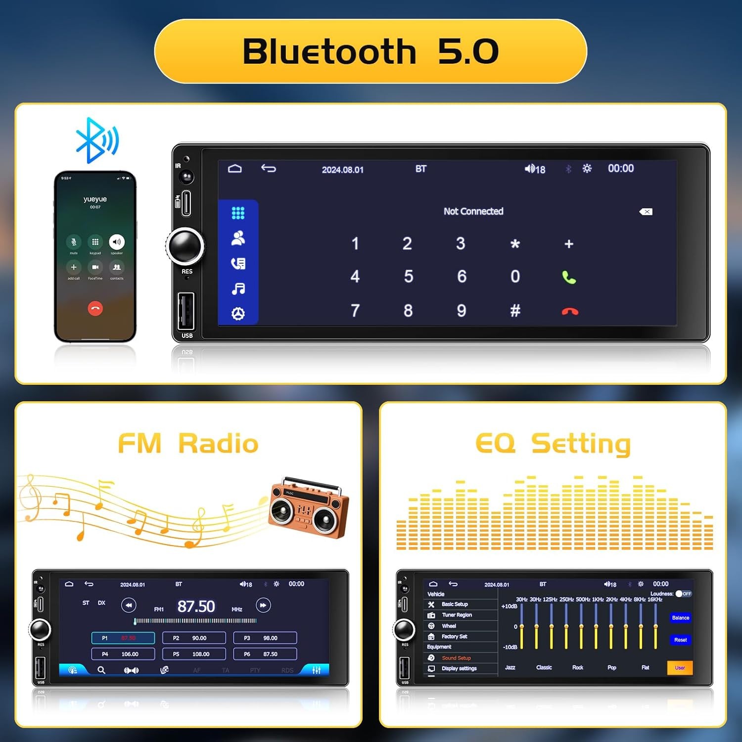 Wireless Single Din Car Stereo-Apple Carplay, Android Auto, 6.86″ Touchscreen