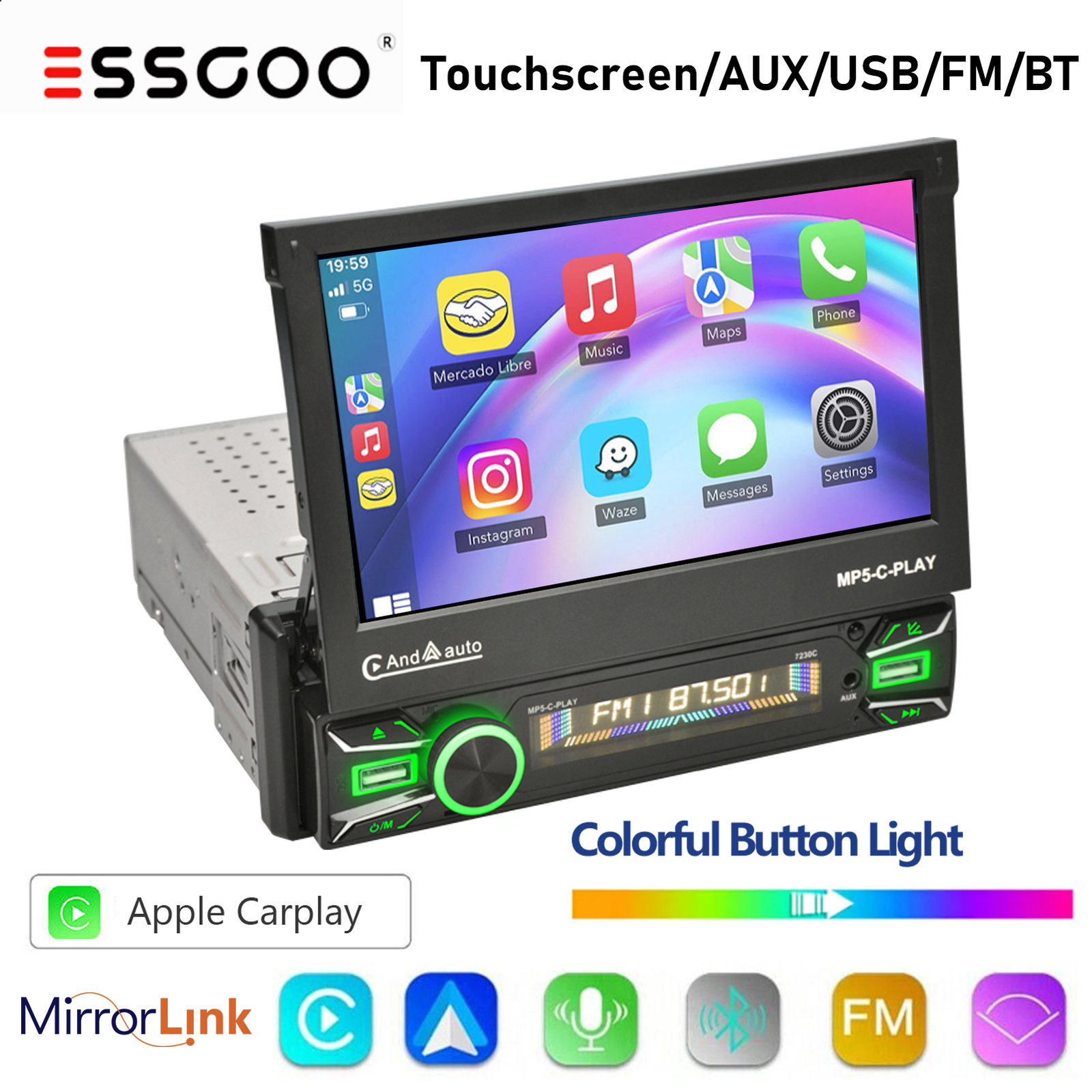 7″ Single 1 DIN Car Stereo Apple Carplay Touch Screen Flip out USB GPS NAV BT FM