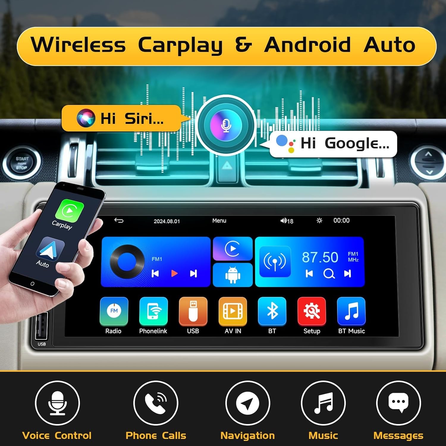 Wireless Single Din Car Stereo-Apple Carplay, Android Auto, 6.86″ Touchscreen