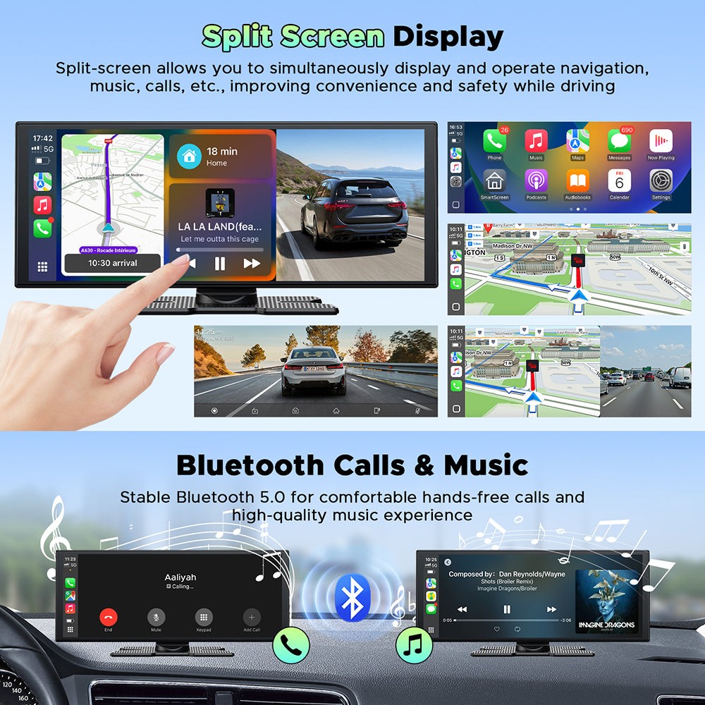 10.25in 2.5K Dash Cam Wireless Apple Carplay Android Auto Car Stereo + Rear Cam
