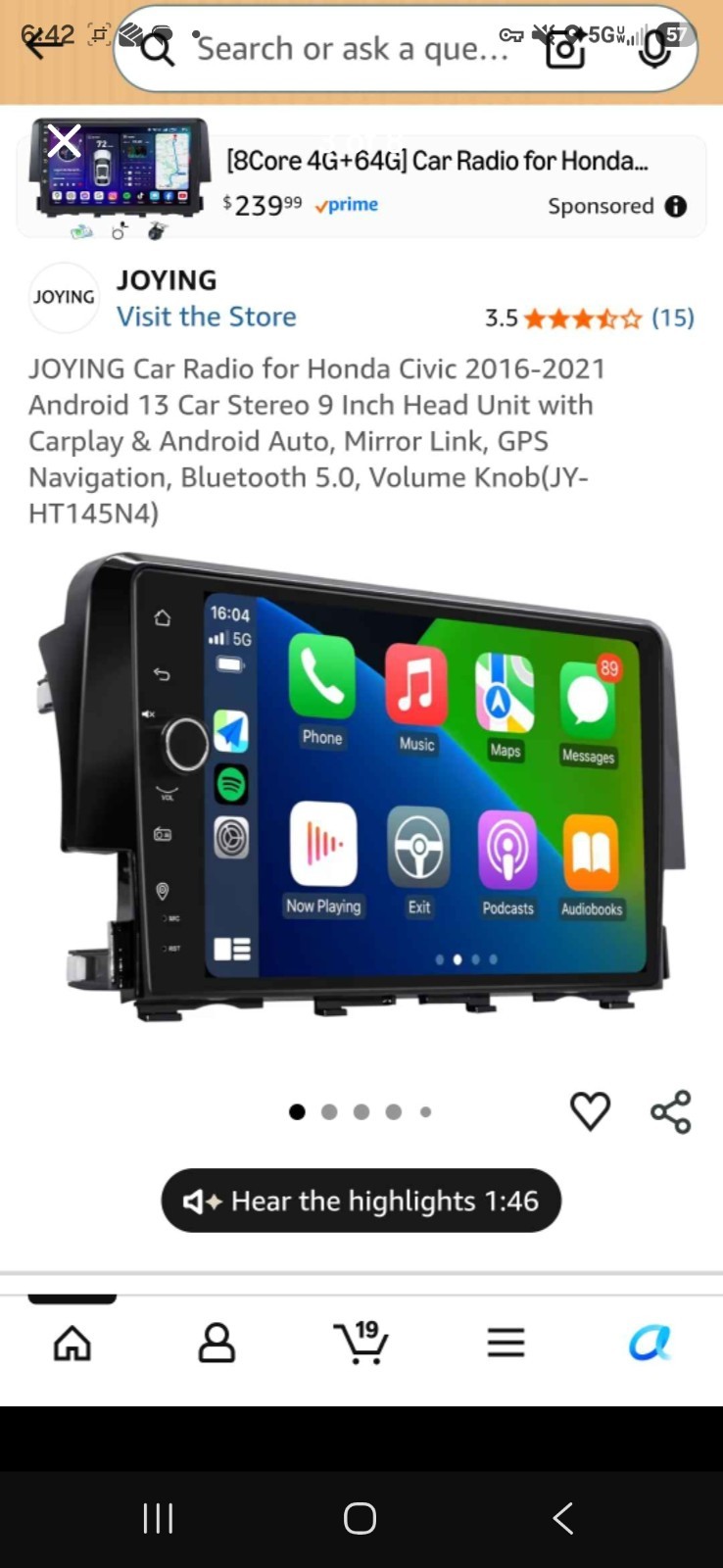 For 2016-2021 Honda Civic Head Unit 9 inch apple car play Octa Core Car Stereo