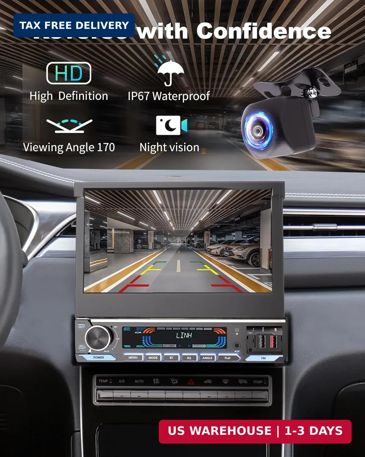 2026 Car Stereo with Wireless CarPlay & Auto, 7-inch HD motorized flip out