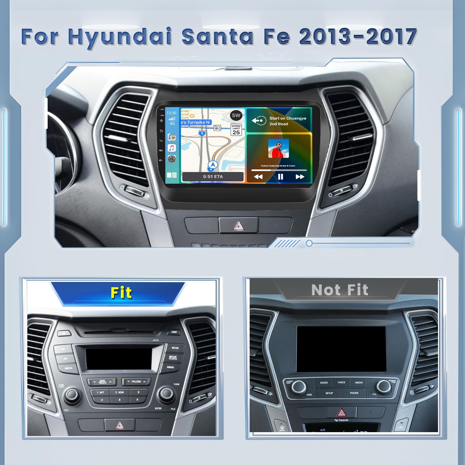 Roinvou Upgrade Hifi 2G64G Car Radio For Hyundai Santa Fe Ix45 2013-2018 9 Inch