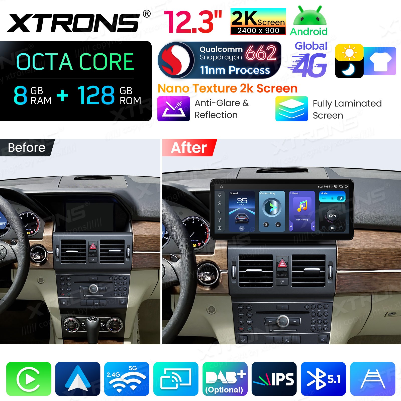 Qualcomm 662 Android 14 for Mercedes GLK X204 12.3″ 2K Screen 8GB 128GB 4G Wi-Fi