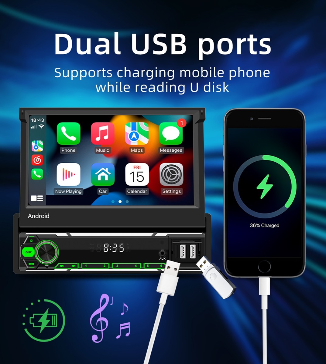 7” Single Din Android 15 Retractable Screen Car Stereo Radio GPS WIFI Carplay
