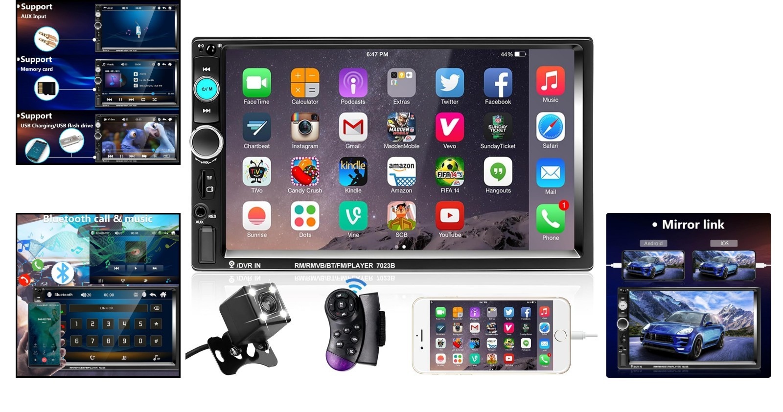 Car Radio with 7 Inch HD Display, Backup Camera & Wireless Steering Control