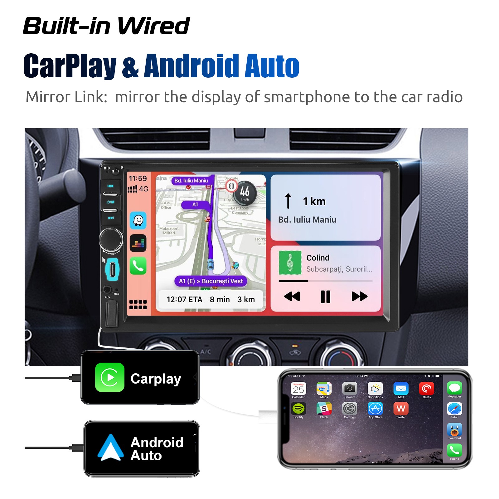 7 inch Double 2 DIN Car Stereo Radio HD Touchscreen CarPlay USB+Type-C FM SWC BT