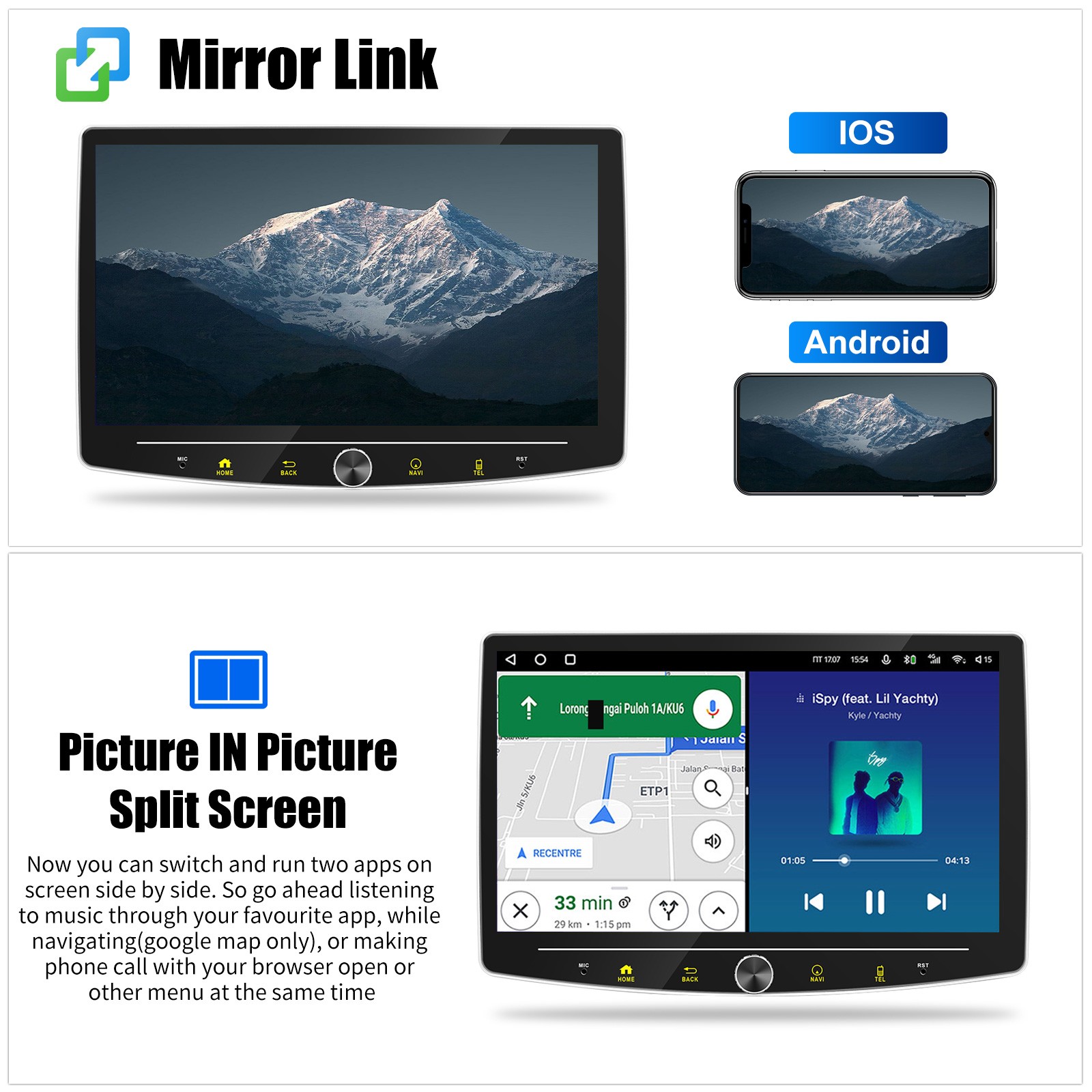 10.1” Android 15 Single 1Din Carplay Rotatable 4+64GB Car Stereo Radio GPS WiFi