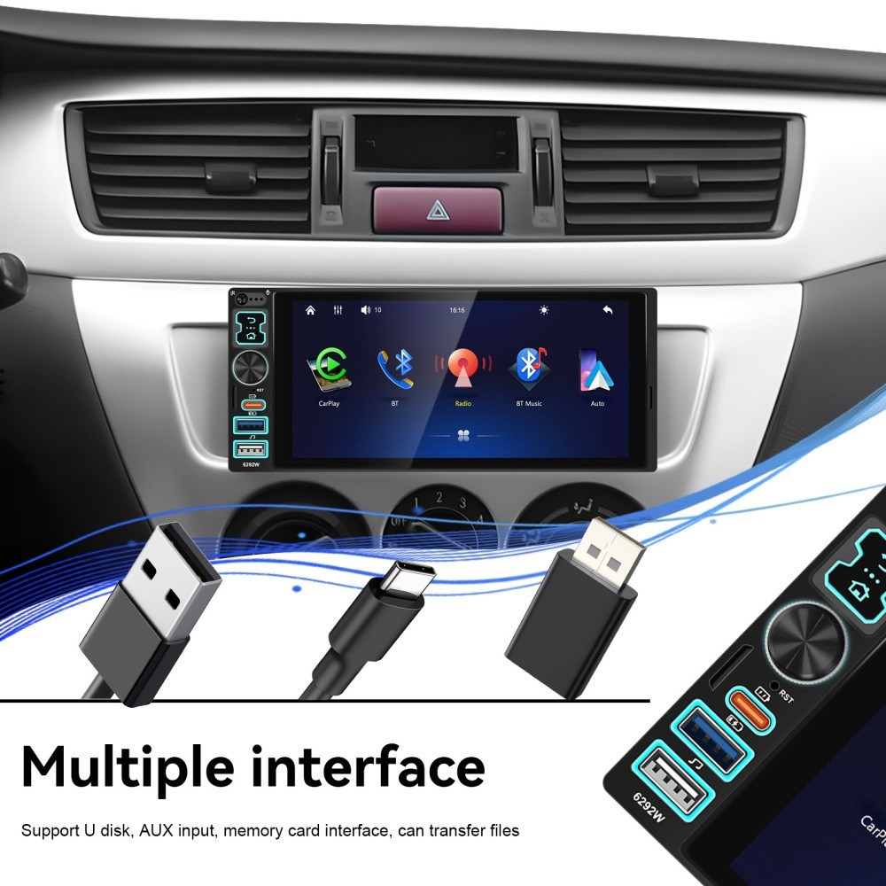 Single Din Car Stereo Wireless Apple CarPlay 6.8 touchscreen Bluetooth Radio USB