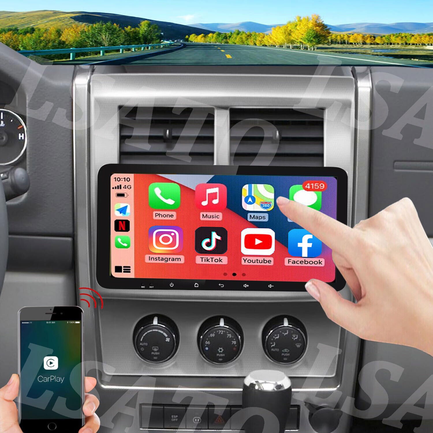 10.33″ Car Radio 2+64GB Wireless CarPlay Android Auto For Jeep Liberty 2008-2012