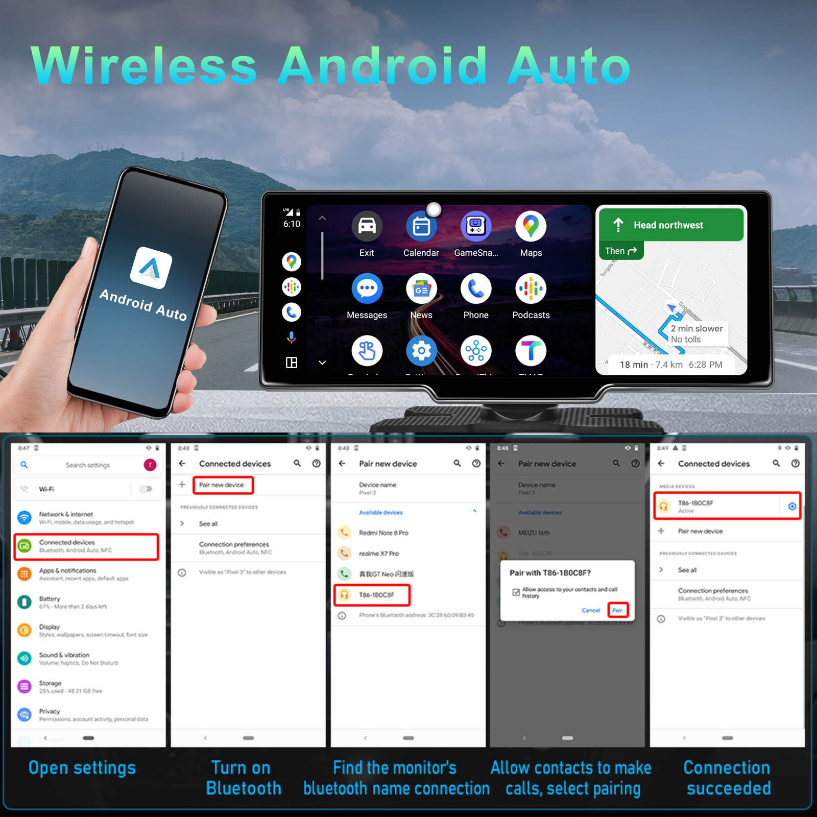 10.26″ Portable Bluetooth Car Navigation Carplay Wireless Car Radio+AHD Camera B