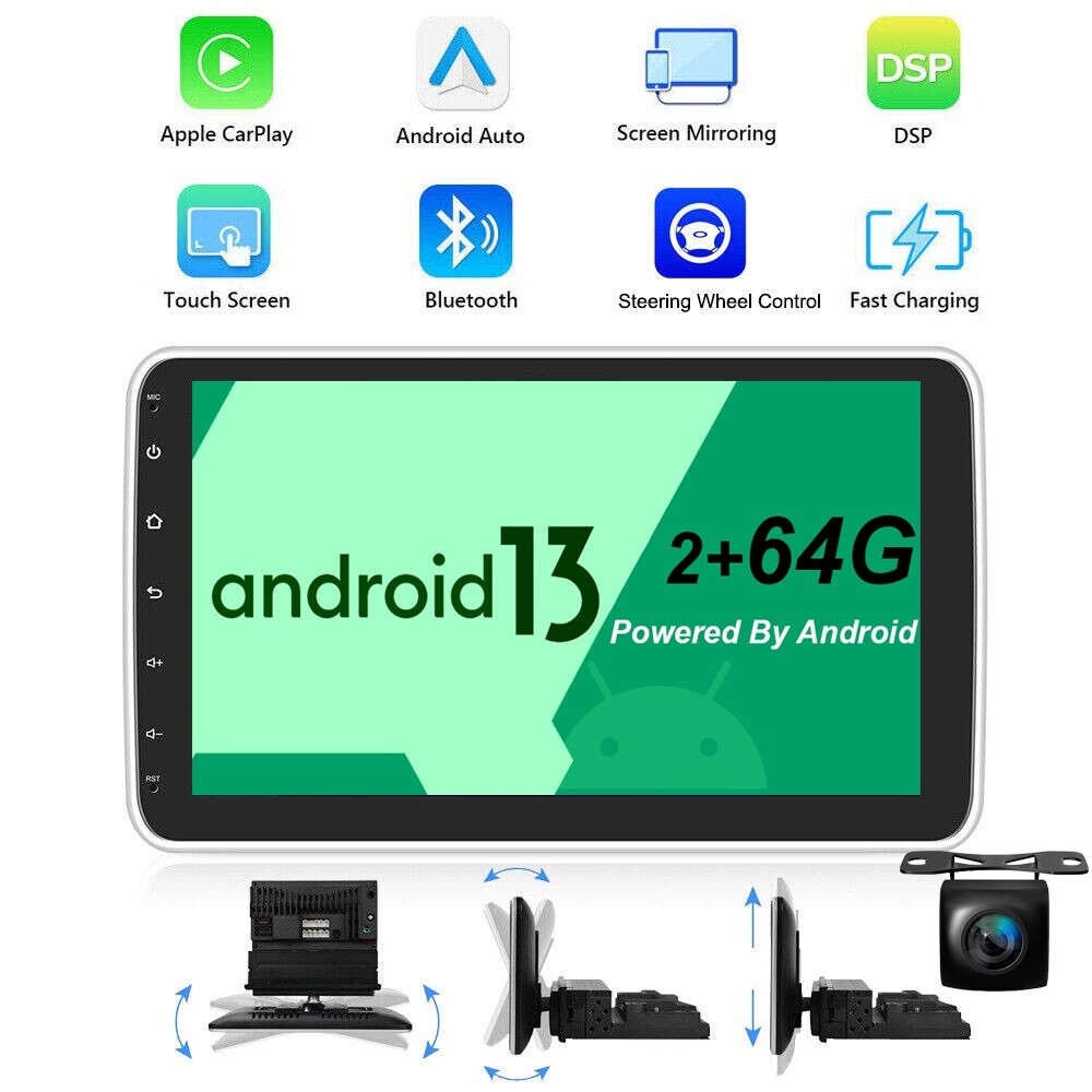 Single 1 DIN Rotatable 10.1” Android 13 Touch Screen Car Stereo Radio GPS Wifi