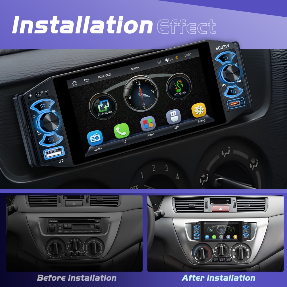 5″ Single 1Din Car Stereo Radio USB BT Wireless Android auto Carplay BT + Camera