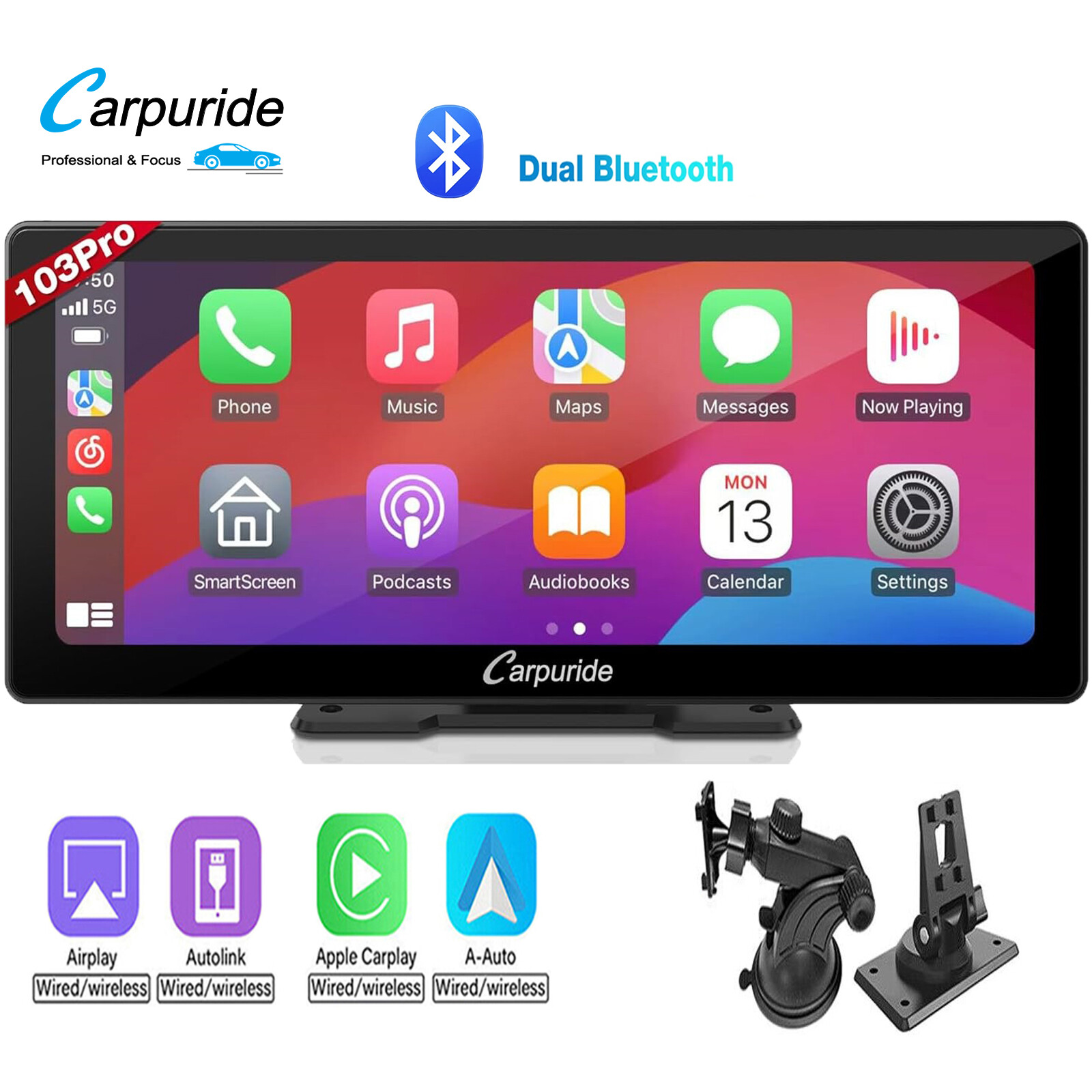 CARPURIDE W103Pro Dual Bluetooth Multimedia Portable Apple Carplay Android Auto